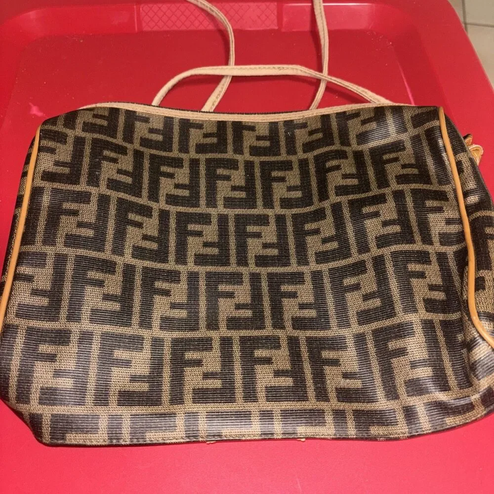 Vintage Fendi Zucca Canvas Shoulder Bag Brown FF Monogram Leather Trim  Italy